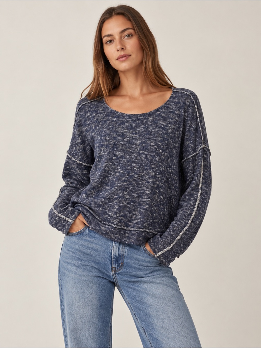 Eileen Fisher Blue Marled Knit Oversized Pullover Sweater Exposed Seams slub